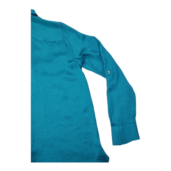 DKNY peacock colored Sz XS button up blouse Roll Up Long Sleeve Silky Feeling - Picture 14 of 15